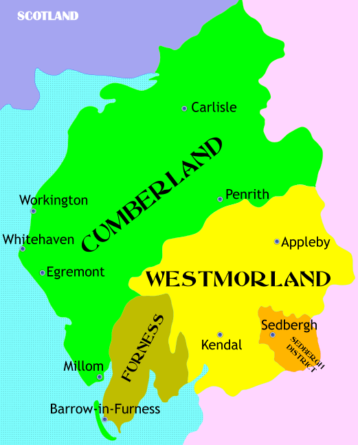 Map of the old counties forming Cumbria.